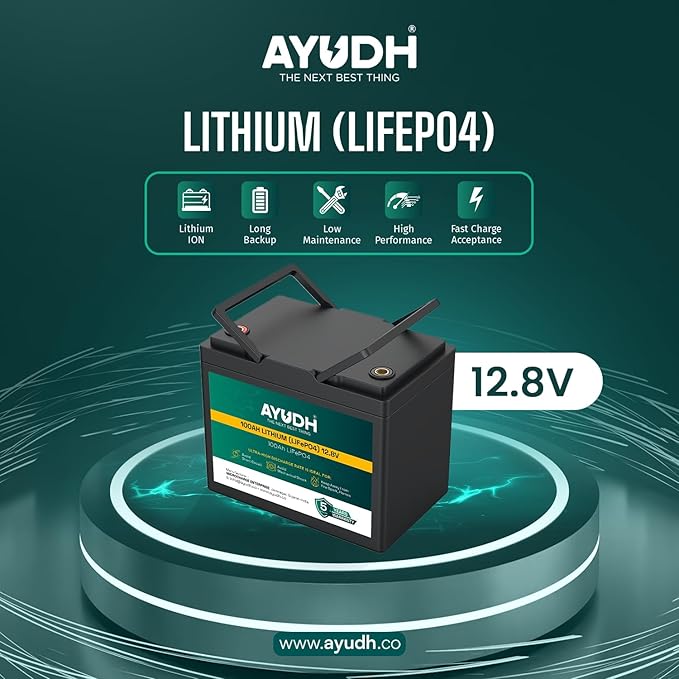 AYUDH 12.8V 100AH Lithium Ferro Phosphate (LiFePO4) Inverter Battery, Solar Compatible, 5 Years Warranty, Smart Bluetooth Connectivity